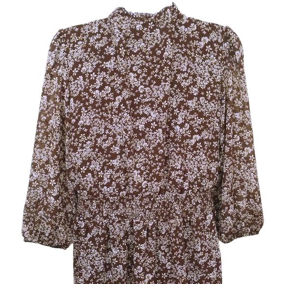 Vintage 90s Flower&Feather Prairie Dress -L Floral Tiered Ruffles Keyhole Brown - Picture 11 of 11